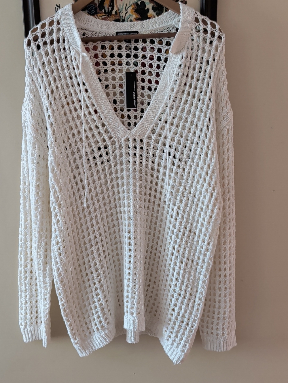 James Perse Fishnet Open-Knit V-Neck Cotton Linen Beach Sweater - White